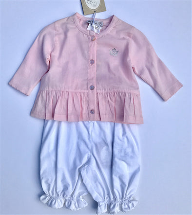 Floriane of France Infant Girls 2Pc Set Long Sleeve Pink Top With White Bloomer