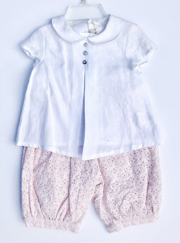Floriane of France Infant Girls Dressy 2Pc Set Swing Linen Top and Eyelet Pant
