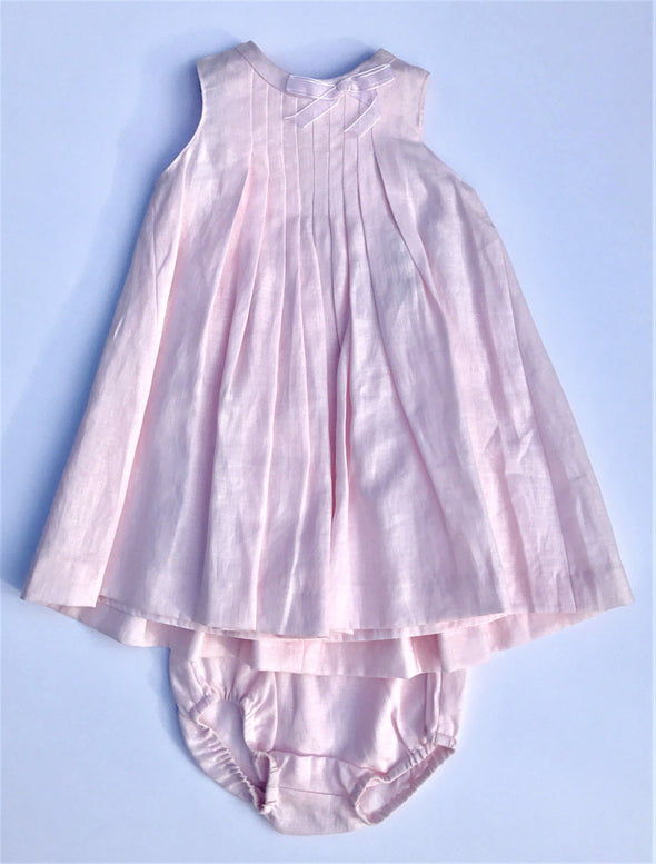 Floriane of France Girls Sleeveless Pale Pink Dressy Linen Dress With Dipper Cover