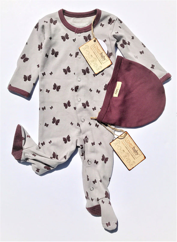 L'ovedbaby 2Pc Gl'oved-Sleeve Overall Eggplant Butterflies 100% Organic Cotton