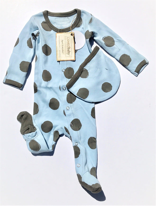 L'ovedbaby 2Pc la-di-dots Footed Overall and Cap Moonbeam/Gray 100% Organic Cotton