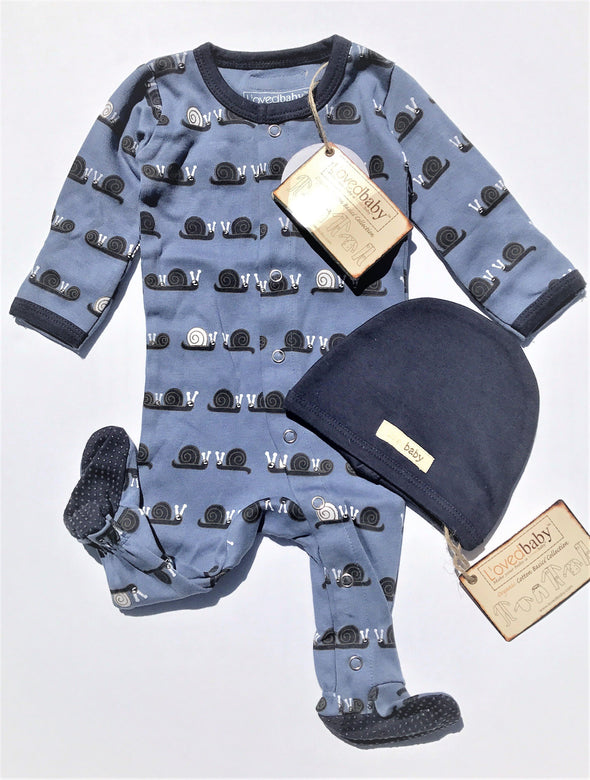 L'ovedbaby L'il Critters Navy Snails Gloved Sleeve Overall Footie 2Pc Set