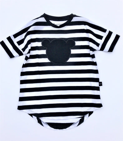 HUXBABY BLK/WHT ORGANIC COTTON STRIPE DRESS WITH TEDDY BEAR APPLIQUE