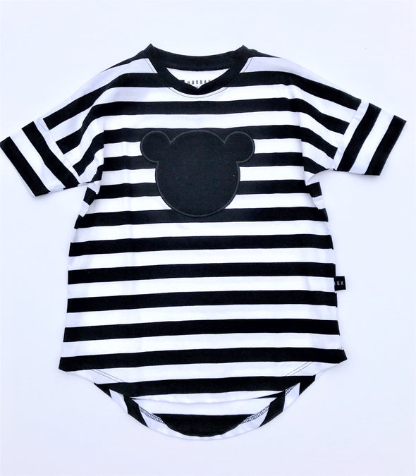 HUXBABY BLK/WHT ORGANIC COTTON STRIPE DRESS WITH TEDDY BEAR APPLIQUE