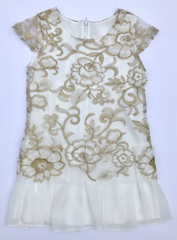 Alitsa Gold/Cream Cap Sleeve Floral Embroidered Mesh Over Cream Chiffon Dressy Dress