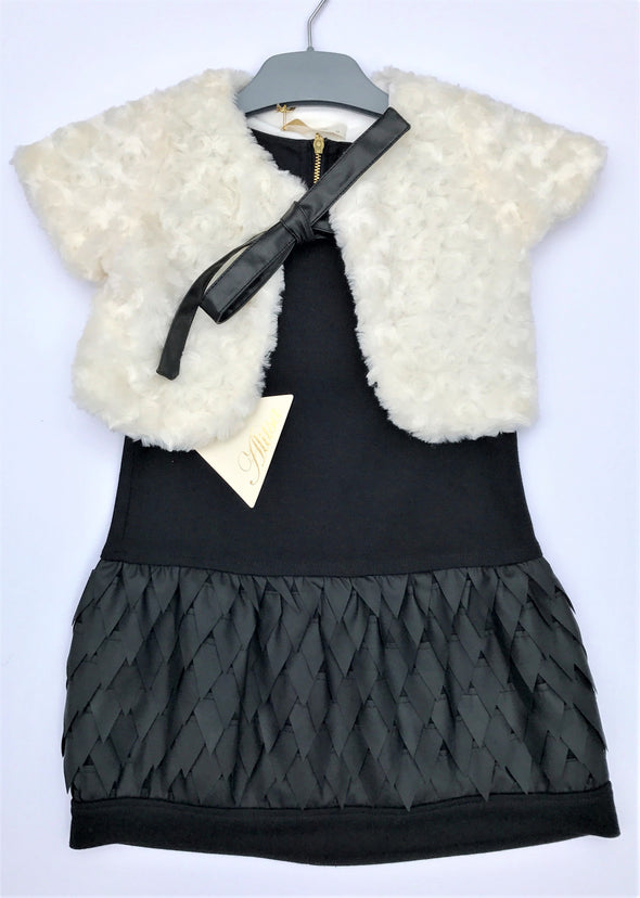 Alitsa 2Pc Sleeveless Black Cotton Knit Dress With Faux Leather Details And Faux Fur Jacket