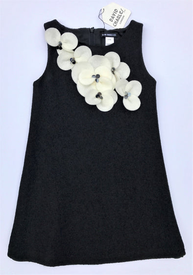David Charles Of London Classic Black Stretch Dress With Cream Flowers And Sequin