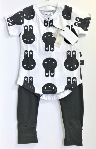 HUXBABY BLK/WHT ORGANIC COTTON 2PC LEGGINGS SET WITH PRINTED BUNNIES