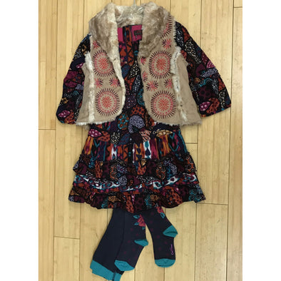 Catimini 3Pc Fall/Winter South Western Dress with Matching Tights and a Vest