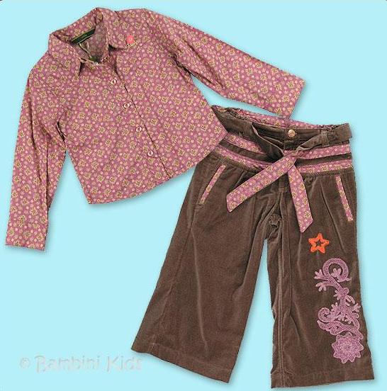 Oilily Girls 2Pc Vintage Velvet Wide Leg Pant and Button Down Ditsy Print Top