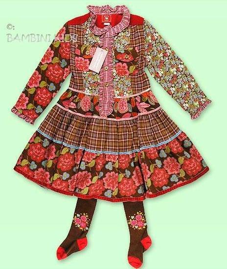 ROOM SEVEN Infant Girls Fall/Winter Tiered Floral  Fine Wale Corduroy Dress With Tights